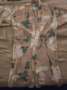 a new day Peach Floral Open Kimono with Green & Orange Accents